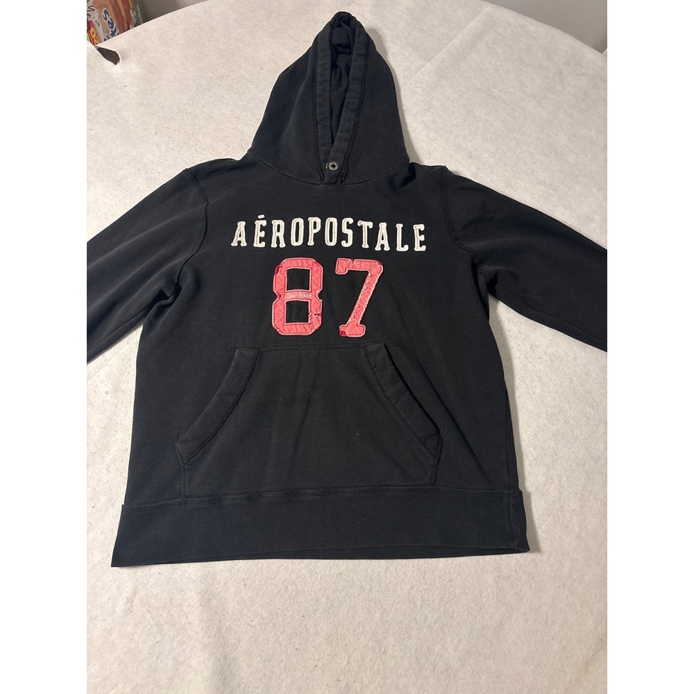 Aeropostale‎ Mens Black Graphic Pullover Hoodie 87 Applique Logo Sweatshirt xl